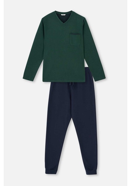 Yeşil V Yaka Uzun Kol Pijama Takımı
