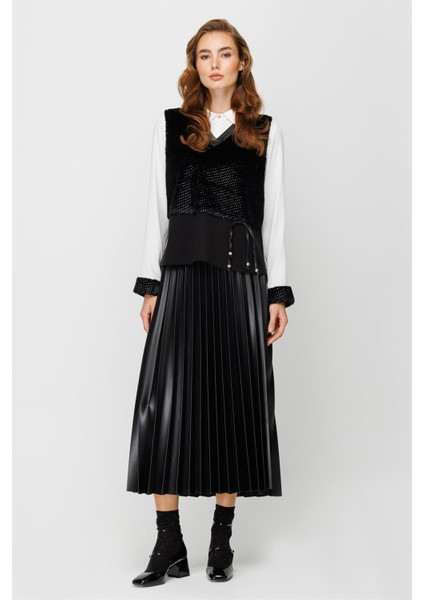 Kürk Süeter Detaylı Tunik Etek Süeter Takım Siyah