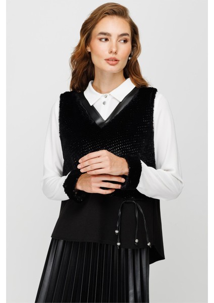 Kürk Süeter Detaylı Tunik Etek Süeter Takım Siyah fiyatları