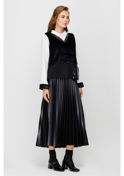 Kürk Süeter Detaylı Tunik Etek Süeter Takım Siyah modelleri