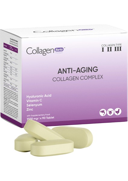 Anti-Aging Collagen Complex, Hyalüronik Asit, Çinko, Selenyum & Vitamin C, 90 Tablet