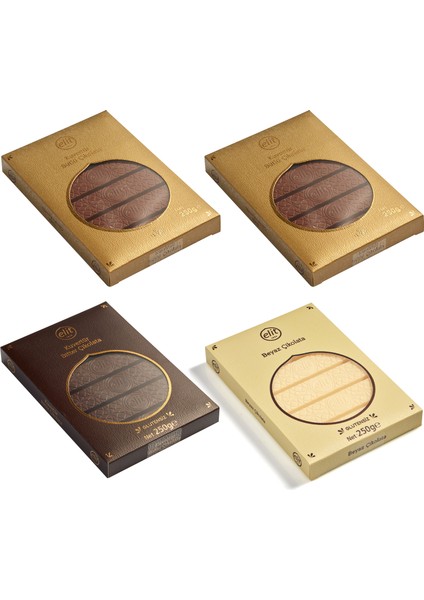Kuvertür Sütlü Çikolata (2), Bitter Çikolata (1) ve Beyaz Çikolata(1) 250g 4lü Set Glutensiz