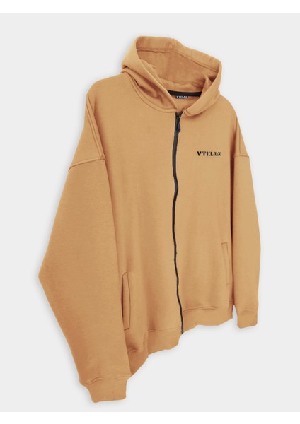 Krem Şardonlu Oversize Kapşonlu Fermuarlı Sweatshirt