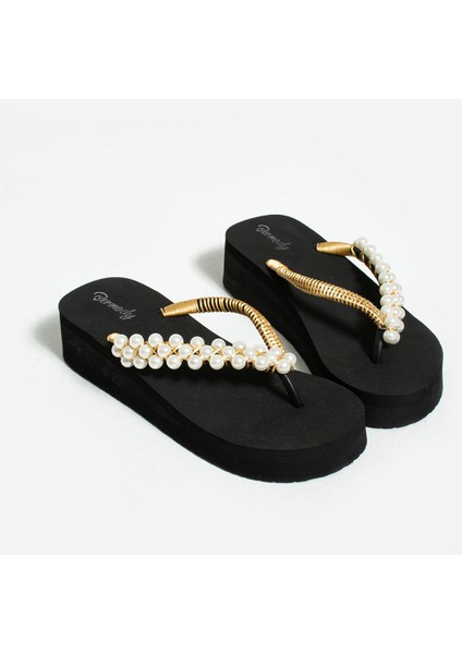 Platform Gold Boncuk Parmak Arası Acıtmaz Plaj Terlik Flip Flops