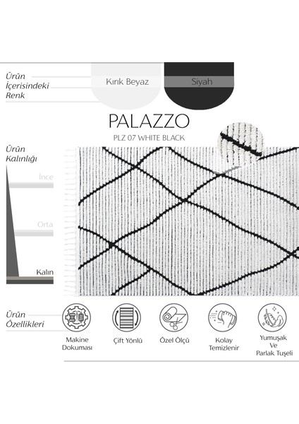 Palazzo 07 Beyaz Siyah Bukle Salon Halısı Hav Vermez Mutfak Halısı Çocuk Odası Halısı Koridor Yolluk fiyatları