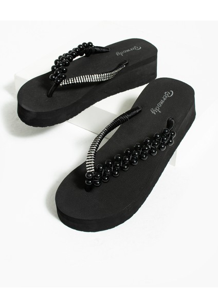 -Platform Siyah Boncuk Parmak Arası Acıtmaz Plaj Terlik Flip Flops