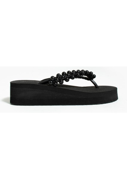 -Platform Siyah Boncuk Parmak Arası Acıtmaz Plaj Terlik Flip Flops