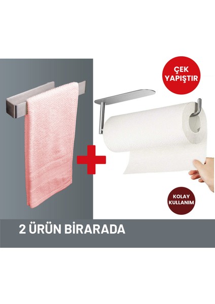 Paslanmaz Çelik Havluluk Seti - Havlu Askısı, Çift Taraflı Bantlı, Yapışkanlı -Kağıt Havluluk +Banyo Havluluğu