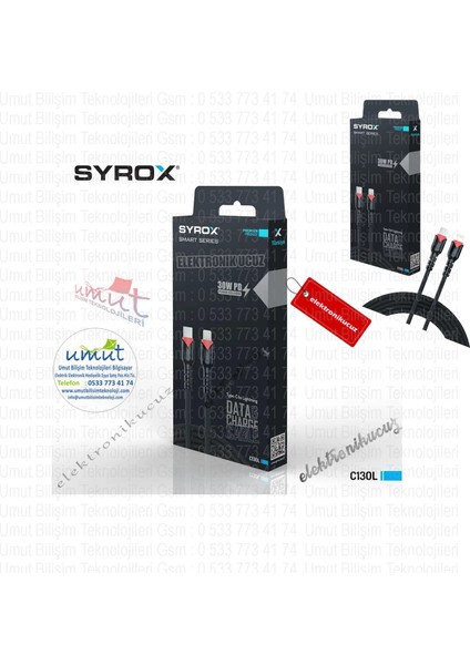 Umut Bilisim Teknolojileri Syrox C130L Pd 30W Type-C To Lightning Iphone Hasir 110 cm Hizli Şarj ve Data Kablosu