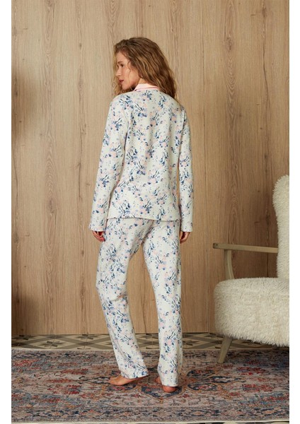 Kadın Ekru Pembe Çiçek Desenli Gömlek Pijama Takımı 4234