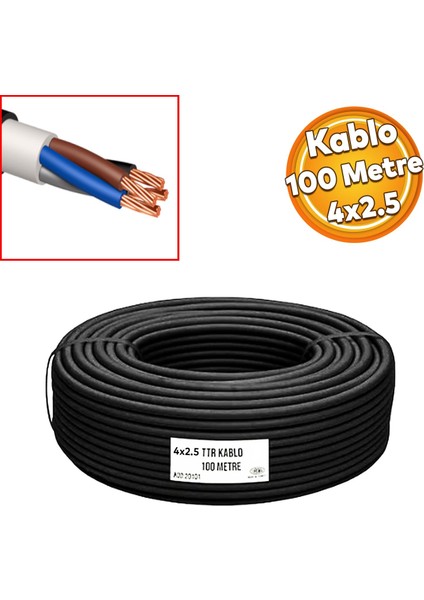 Ttr Çok Telli Elektrik Kablosu Topraklı Bakır Iletken Damarlı Siyah Kablo 4x2,5 100 Metre