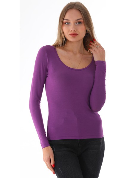 Kadın Viskon Dekolte Yaka Slim Fit Tişört-Mor