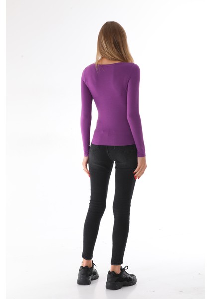 Kadın Viskon Dekolte Yaka Slim Fit Tişört-Mor fırsatları