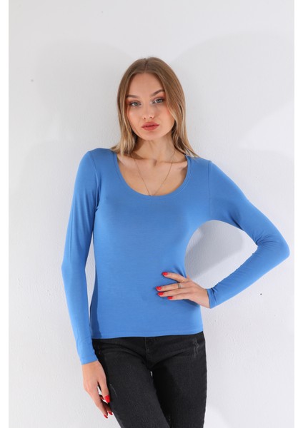 Kadın Viskon Dekolte Yaka Slim Fit Tişört-Mavi