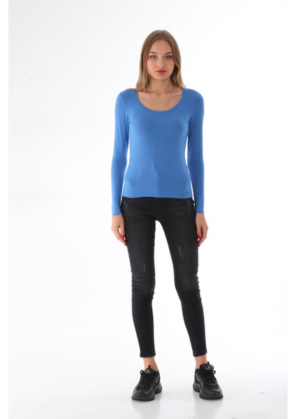Kadın Viskon Dekolte Yaka Slim Fit Tişört-Mavi fiyatları