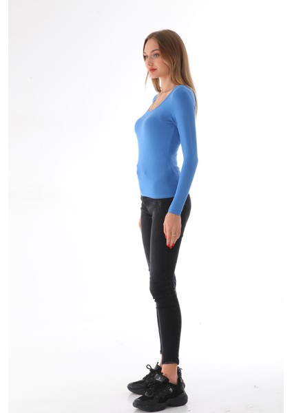 Kadın Viskon Dekolte Yaka Slim Fit Tişört-Mavi modelleri