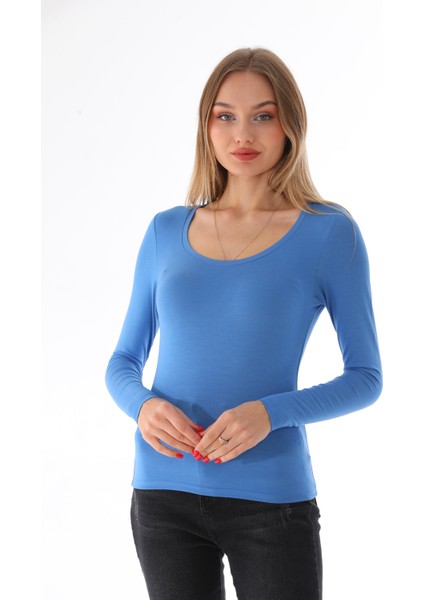Kadın Viskon Dekolte Yaka Slim Fit Tişört-Mavi indirimleri