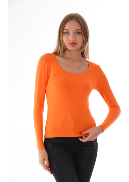 Kadın Viskon Dekolte Yaka Slim Fit Tişört-Turuncu