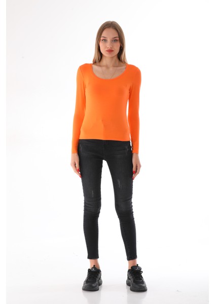 Kadın Viskon Dekolte Yaka Slim Fit Tişört-Turuncu fiyatları