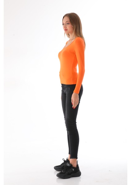 Kadın Viskon Dekolte Yaka Slim Fit Tişört-Turuncu modelleri