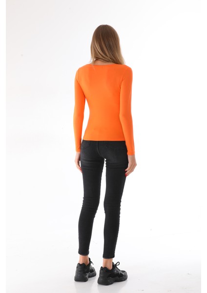 Kadın Viskon Dekolte Yaka Slim Fit Tişört-Turuncu fırsatları