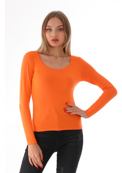 Kadın Viskon Dekolte Yaka Slim Fit Tişört-Turuncu indirimleri