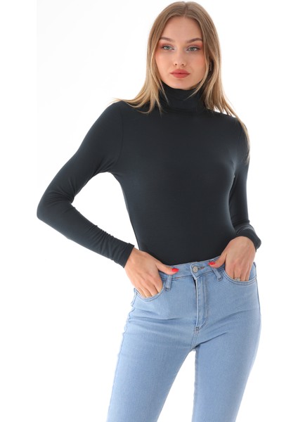 Kadın Viskon Tam Balıkçı Yaka Çıtçıtlı Zıbın Body-Füme indirimleri