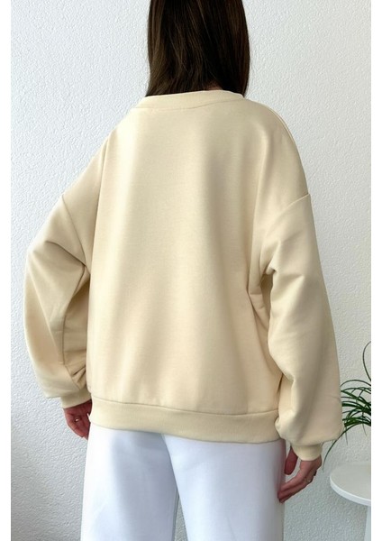 Kadın Oversize Pens Detaylı Geniş Yaka Ribanalı Sweatshirt