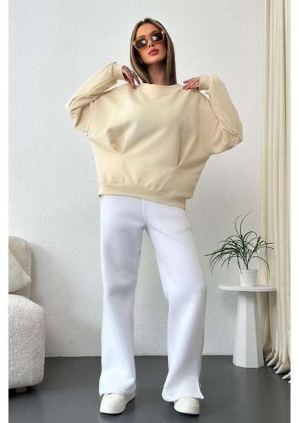 Kadın Oversize Pens Detaylı Geniş Yaka Ribanalı Sweatshirt