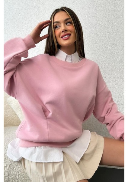 Kadın Oversize Pens Detaylı Geniş Yaka Ribanalı Sweatshirt