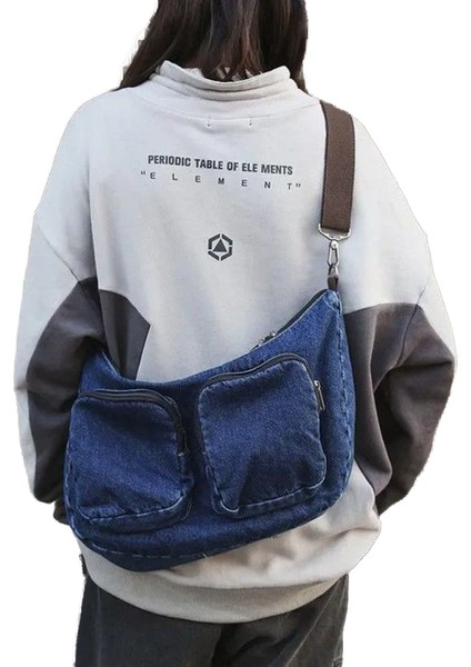 Çanta Kız Messenger Denim Kanvas Çanta Tek Omuz Büyük Kapasiteli Çok Yönlü Öğrenci Hamur Torbası (Yurt Dışından)