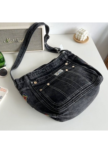 Rahat Işlemeli Yıkanmış Messenger Denim Tote Çanta Kadınlar Için Çok Yönlü Kanvas Çanta (Yurt Dışından)