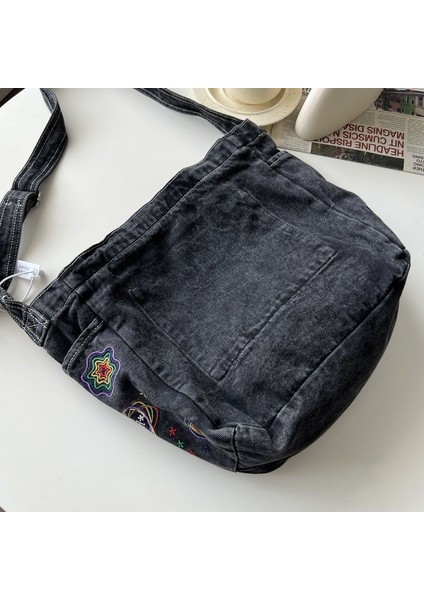 Rahat Işlemeli Yıkanmış Messenger Denim Tote Çanta Kadınlar Için Çok Yönlü Kanvas Çanta (Yurt Dışından) modelleri