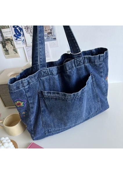 Nakış Fermuarlı Denim Toto Çanta El Omuz Kanvas Çanta Kadın (Yurt Dışından) modelleri