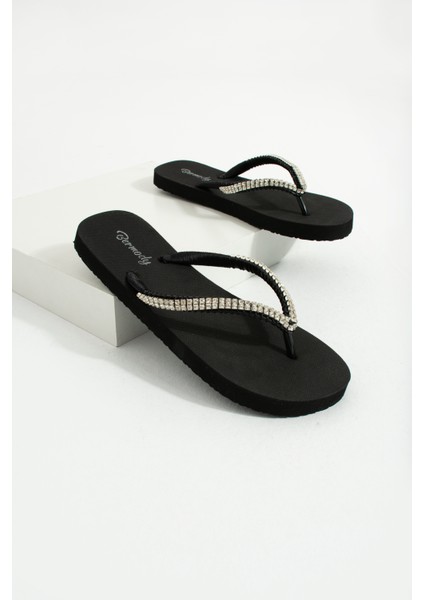 Kadın Gümüş Sıra Taşlı Rahat Siyah Parmak Arası Terlik Flipflops fiyatları