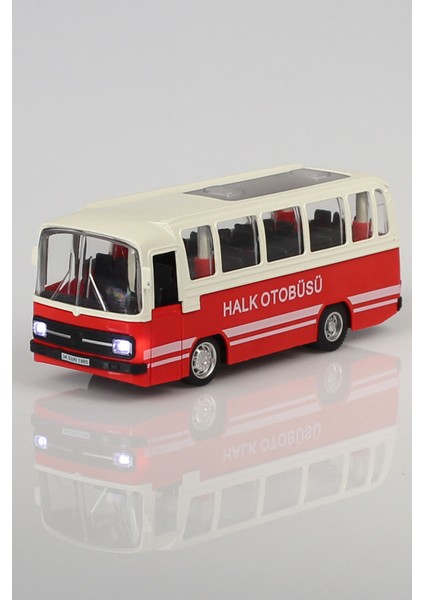 Nostalji Halk Otobüsü Çek Bırak Araba 15 cm Kırmızı Sesli ve Işıklı Farlar