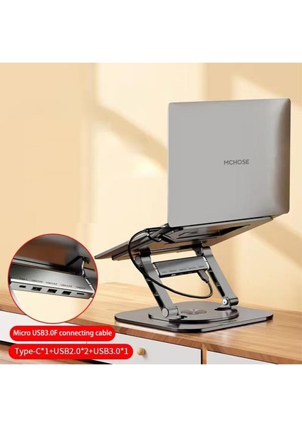 360° Dönebilen Laptop Standı Dahili Hub 3x USB ,1x Type C Girişli Laptop Notebook Standı