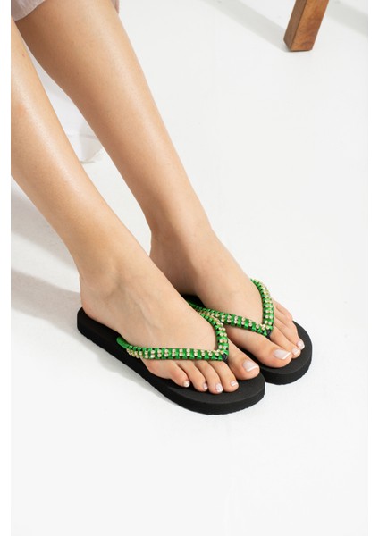 Kadın Yeşil Ip Gold Taşlı Parmak Arası Terlik Flip Flops modelleri