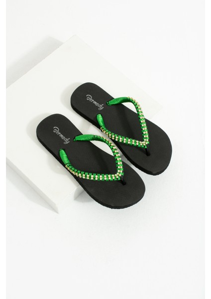 Kadın Yeşil Ip Gold Taşlı Parmak Arası Terlik Flip Flops fırsatları