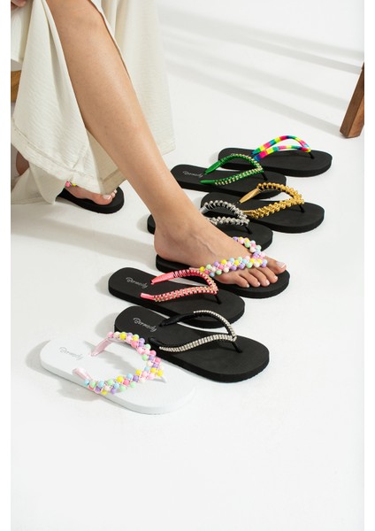 Kadın Yeşil Ip Gold Taşlı Parmak Arası Terlik Flip Flops indirimleri