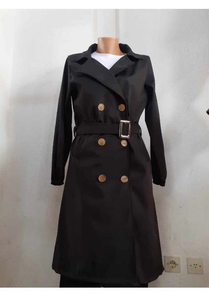 Siyah Beli Bağlamalı ve Düğmeli Yakalı Trenç Ceket