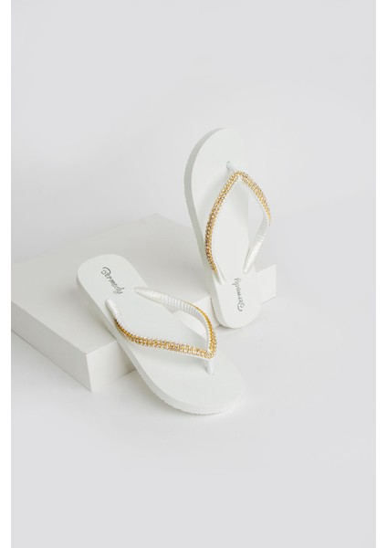 Kadın Şık Beyaz Gold Taşlı Rahat Parmak Arası Plaj Terliği Flip Flops fiyatları