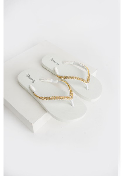Kadın Şık Beyaz Gold Taşlı Rahat Parmak Arası Plaj Terliği Flip Flops fırsatları