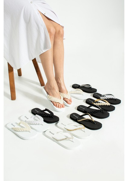 Kadın Şık Beyaz Gold Taşlı Rahat Parmak Arası Plaj Terliği Flip Flops indirimleri