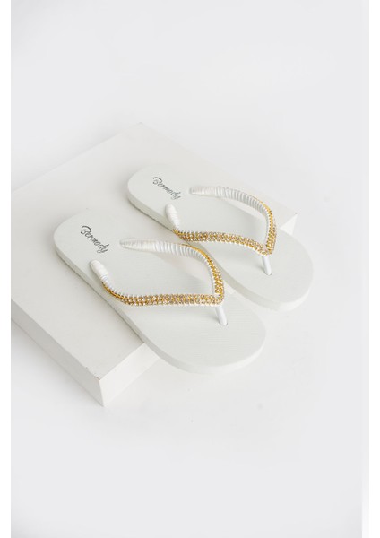 Kadın Şık Beyaz Gold Taşlı Rahat Parmak Arası Plaj Terliği Flip Flops