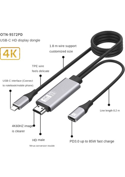 4K@60Hz Type C - HDMI Uyumlu Kablo Ekran Yansıtma Cihazı (Yurt Dışından) fiyatları