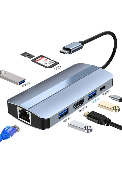 RJ45 Tf Kart Okuyuculu USB C Hub 8'i 1 Arada Tip C 3.1 - 4K Adaptör (Yurt Dışından)