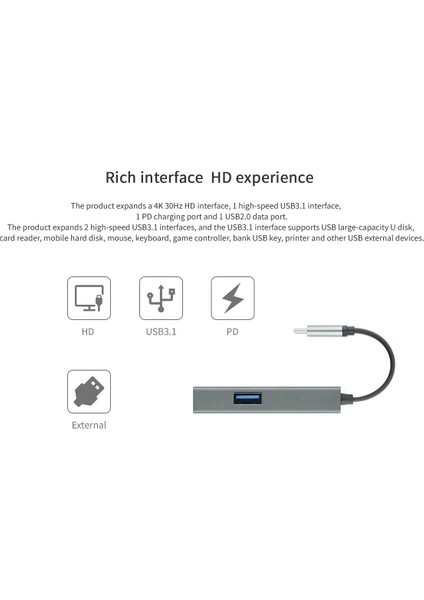 3'ü 1 Arada USB C Hub Tip C - HDMI Uyumlu 4K 30HZ+PD+USB3.0 Siyah (Yurt Dışından)
