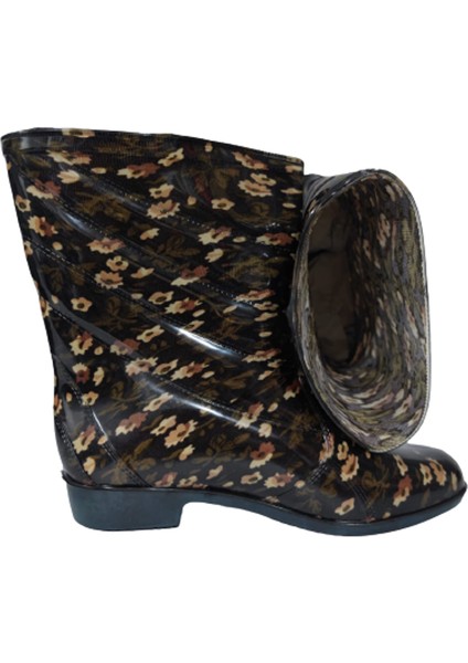 Kahve Çiçekli Kareli Kadın Poli Kaymaz Taban Yağmur Çizmesi fiyatları