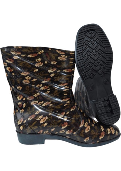 Kahve Çiçekli Kareli Kadın Poli Kaymaz Taban Yağmur Çizmesi modelleri